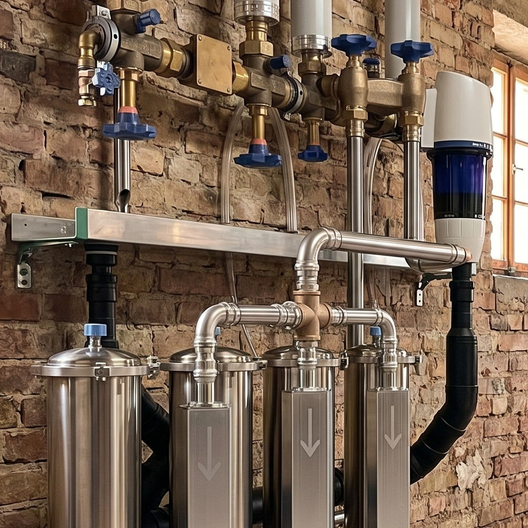 Industrial setting with metallic pipes and valves against a brick wall.